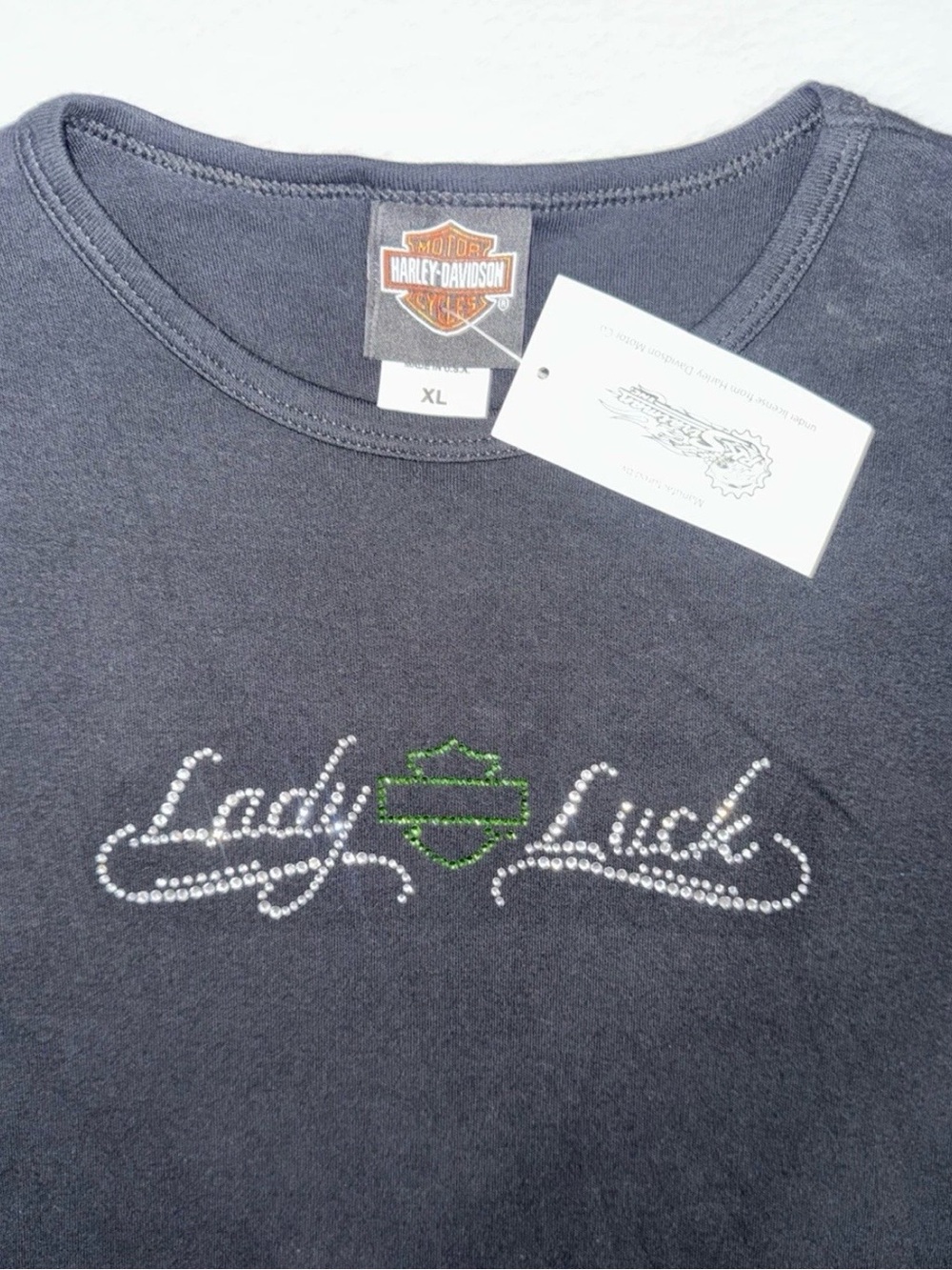 Harley-Davidson Black 'Lady Luck' Rhinestone Crewneck with Green Emblem